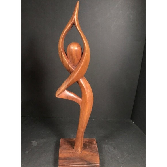 Vintage Carved Yoga sculpture Vrksasana figure, wooden tree pose carving, yoga i